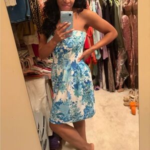 New York & Company Strapless Blue Floral Dress